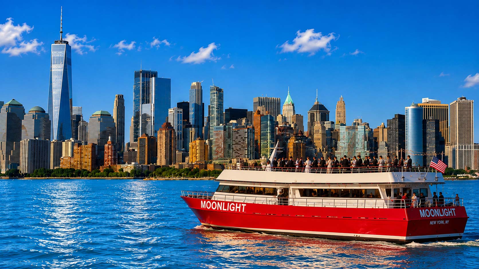 Wedding celebration aboard a private yacht in New York City with skyline views